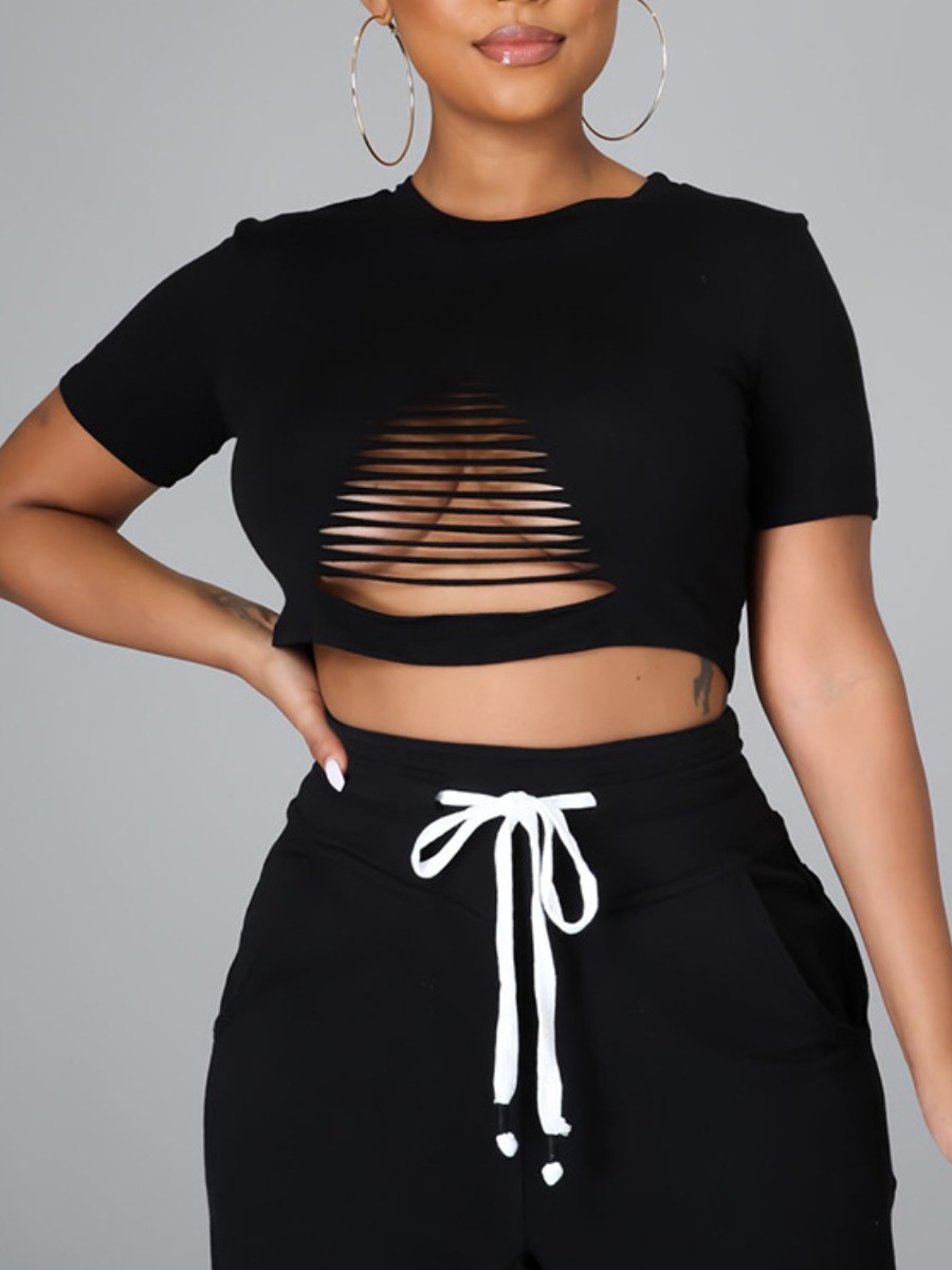 

Lovely Sexy Ripped Crop Top Black T-shirt