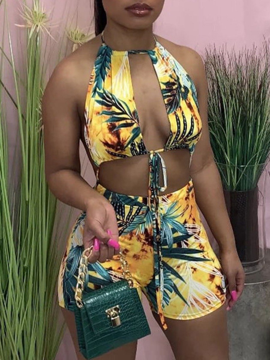 

LW Boho Backless Floral Print Hollow-out Yellow One-piece Romper