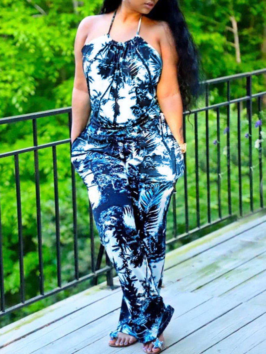 

LW Boho Off The Shoulder Print Patchwork Blue One-piece Jumpsuit