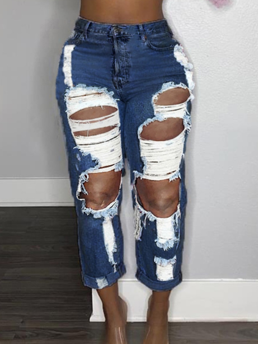

Lovely Street High-waisted Ripped Deep Blue Jeans