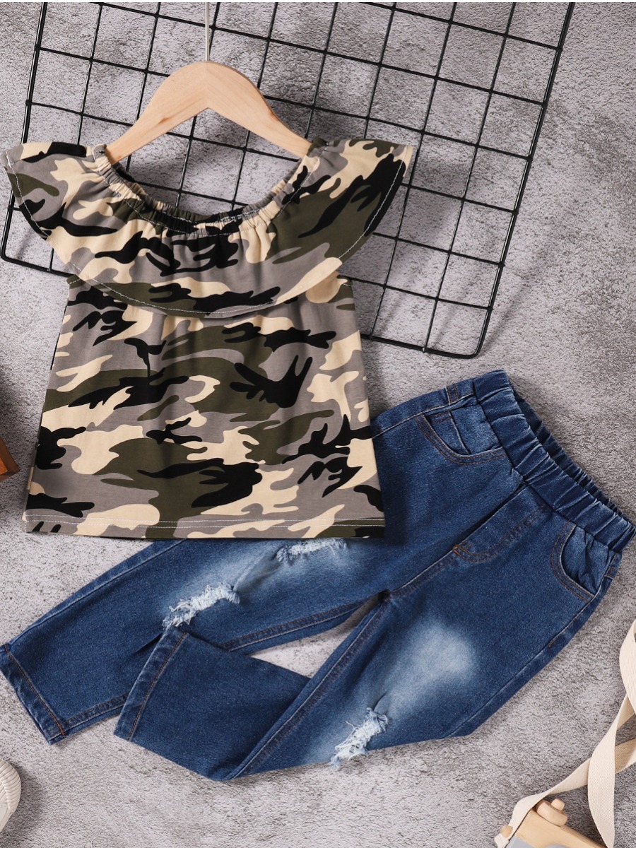 

Lovely Girl Casual Camo Print Flap-over Ripped Two Piece Pants Set, Army green camouflag