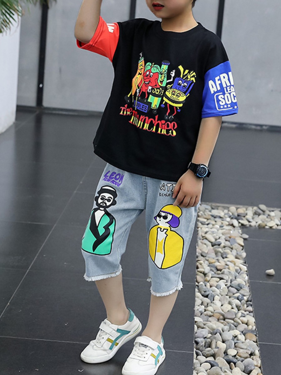 

Lovely Boy Street Cartoon Letter Print Black Two Piece Shorts Set