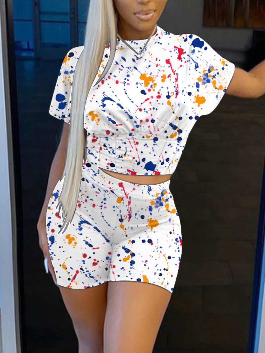 

LW Casual O Neck Splash Ink Print White Two Piece Shorts Set