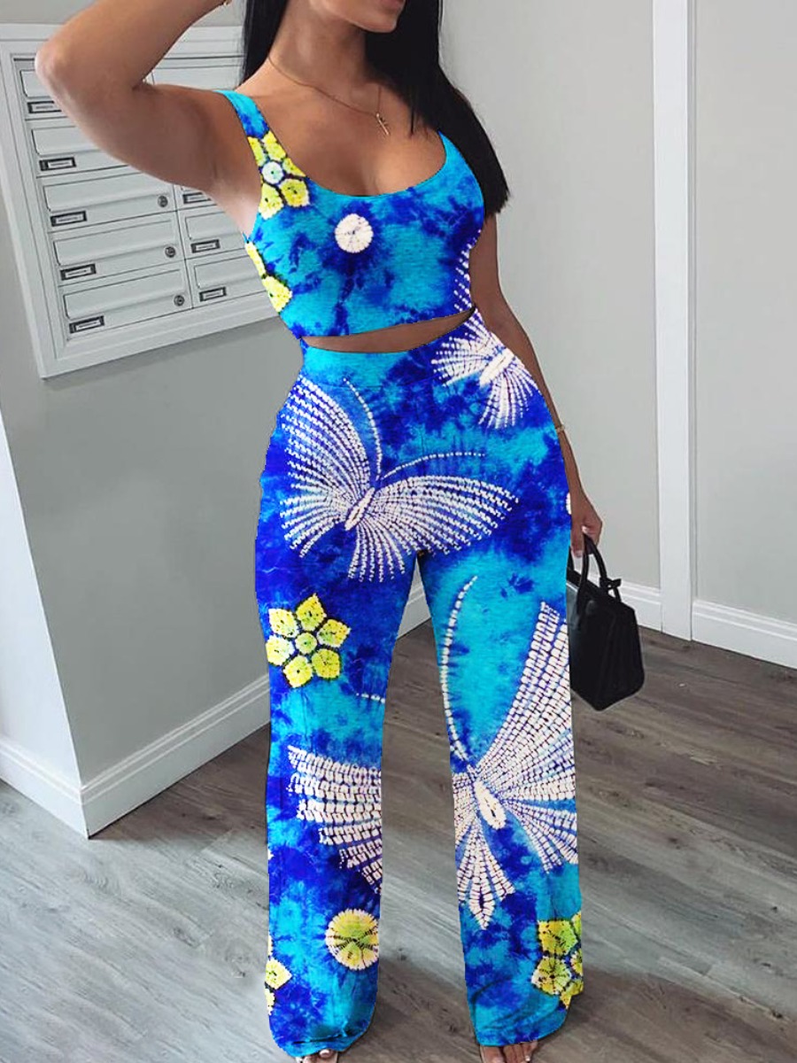 

Lovely Plus Size Boho Butterfly Floral Print Tie-dye Blue Two-piece Pants Set