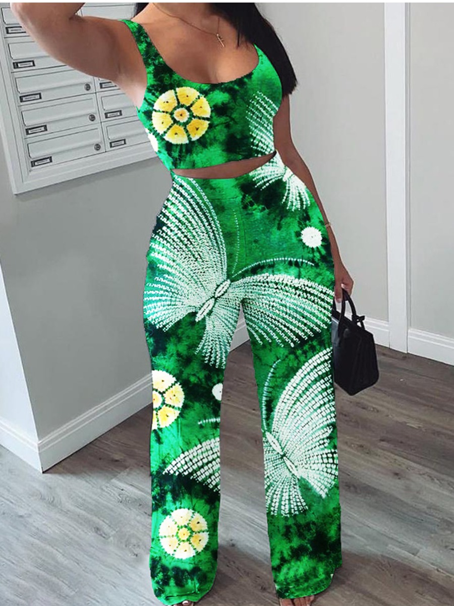 

Lovely Boho Butterfly Floral Print Tie-dye Green Plus Size Two-piece Pants Set
