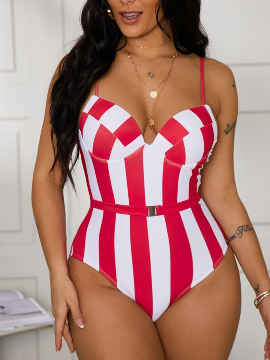 

Lovely Boho Striped Buckle Design Red One-piece Swimsuit
