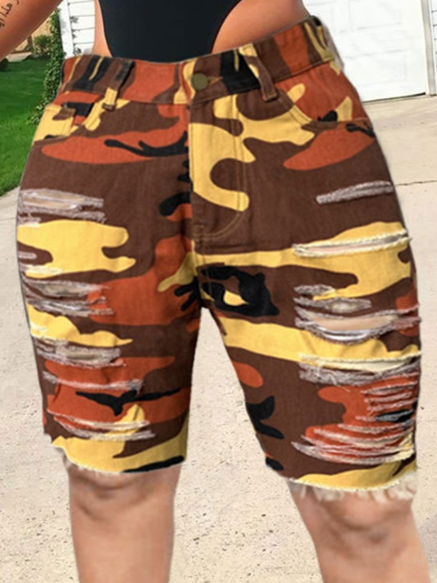 

Lovely Plus Size Street Ripped Camo Print Yellow Denim Shorts