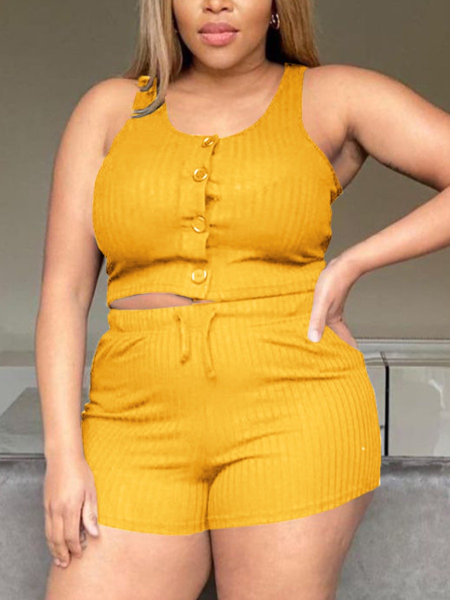 

Lovely Casual Rib-Knit Button Design Yellow Two Piece Shorts Set