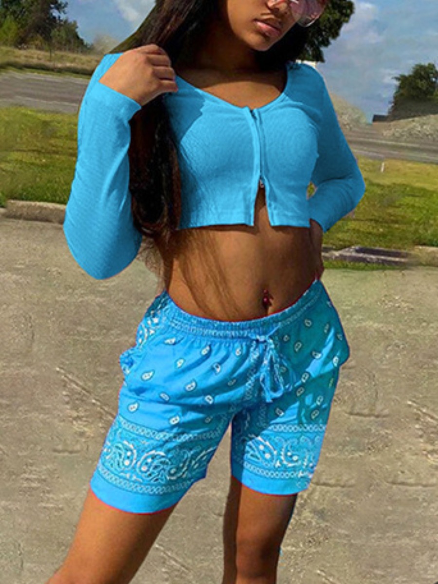 

Lovely Street Cashew Print Drawstring Baby Blue Two Piece Shorts Set