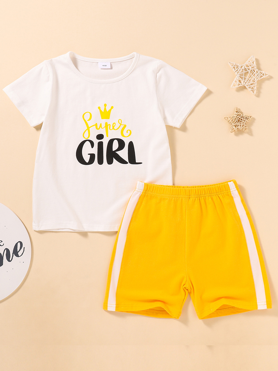 

Lovely Girl Sporty Letter Print Striped White Two Piece Shorts Set