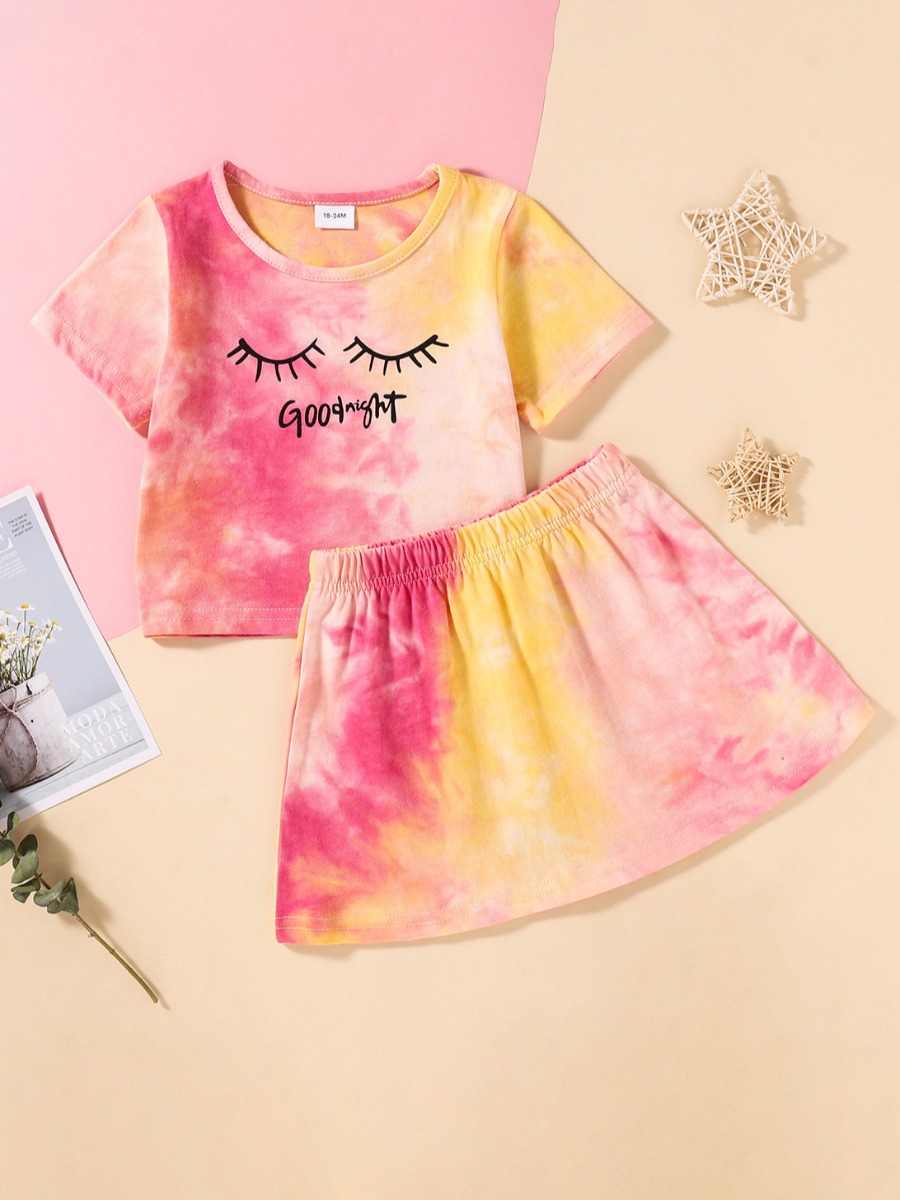 

Lovely Girl Casual Letter Print Tie Dye Pink Two Piece Skirt Set