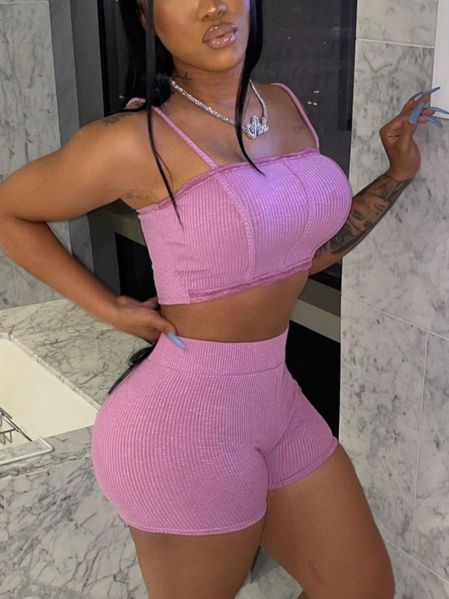 

Lovely Casual Rib-Knit Crop Top Pink Two Piece Shorts Set