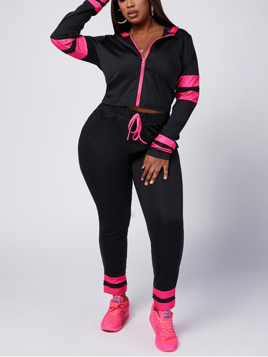 

Lovely Sporty Striped Drawstring Black Plus Size Two-piece Pants Set