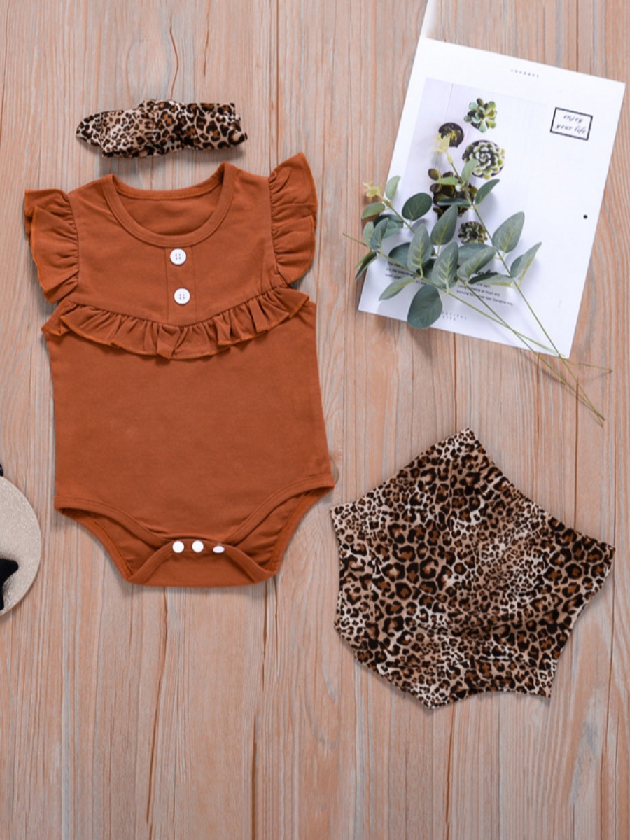 

Lovely Girl Casual Leopard Print Flounce Design Brown Two Piece Shorts Set