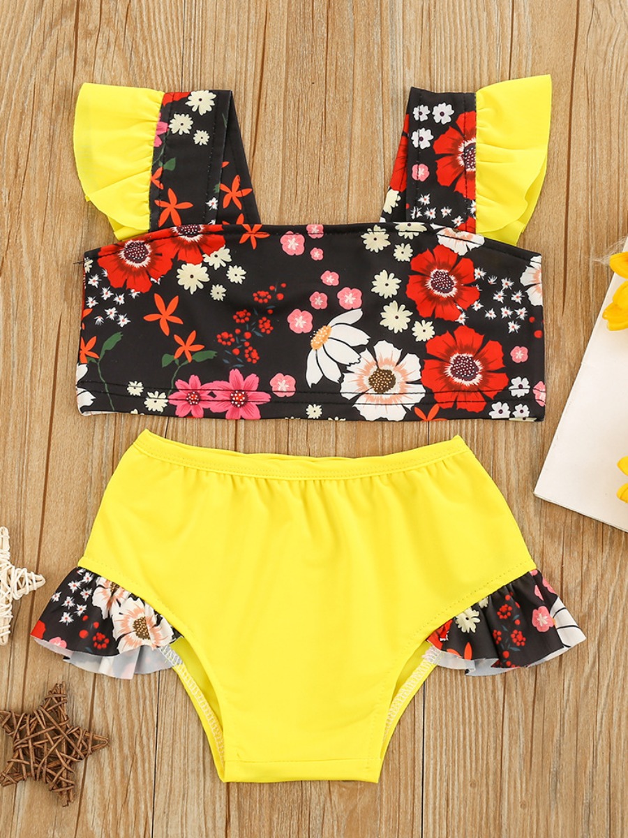 

Lovely Girl Sweet Floral Print Flounce Design Yellow Tankini