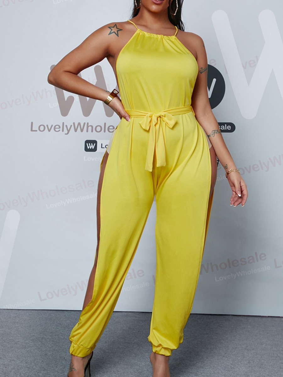 

Lovely Sexy Split Bandage Design Yellow One-piece Jumpsuit