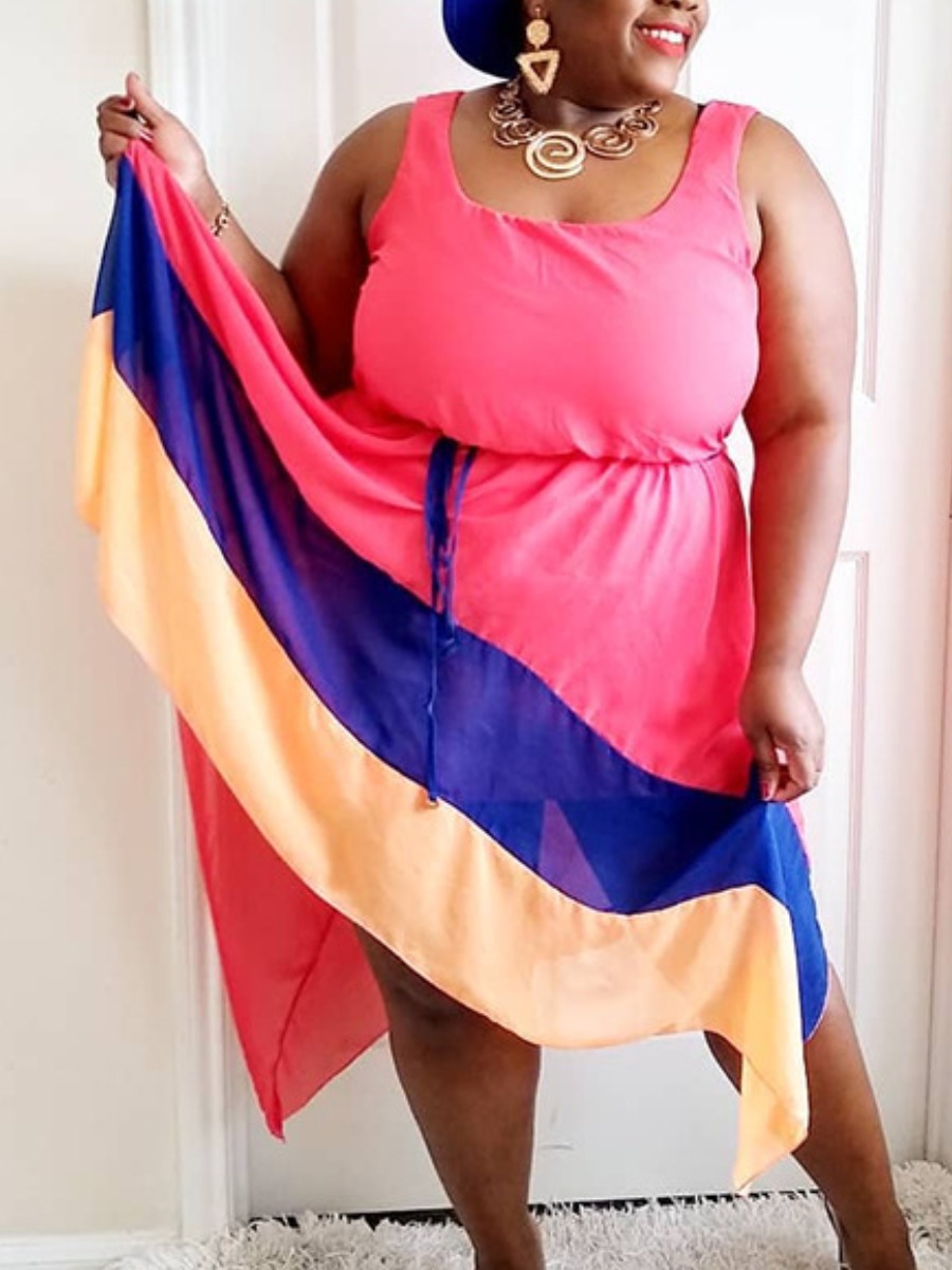 

Lovely Casual Color-lump Drawstring Pink Mid Calf Asymmetrical Plus Size Dress
