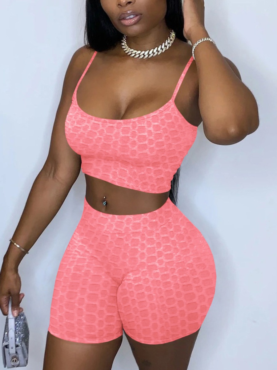 

Lovely Sporty U Neck Elastic Pink Yoga Two Piece Shorts Set