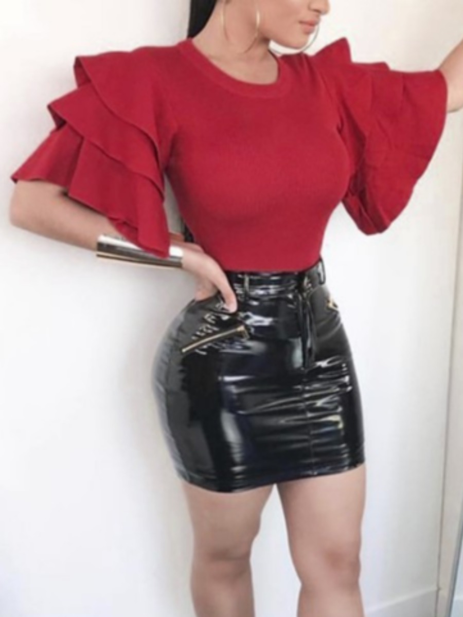 

Lovely Sweet Layered Flounce Design Wine Red Blouse