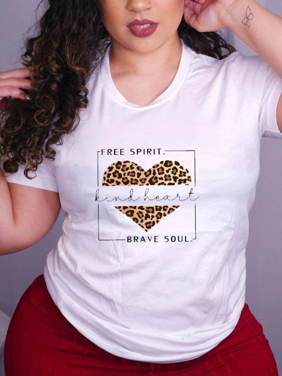 

Lovely Casual Leopard Letter Print White Plus Size T-shirt