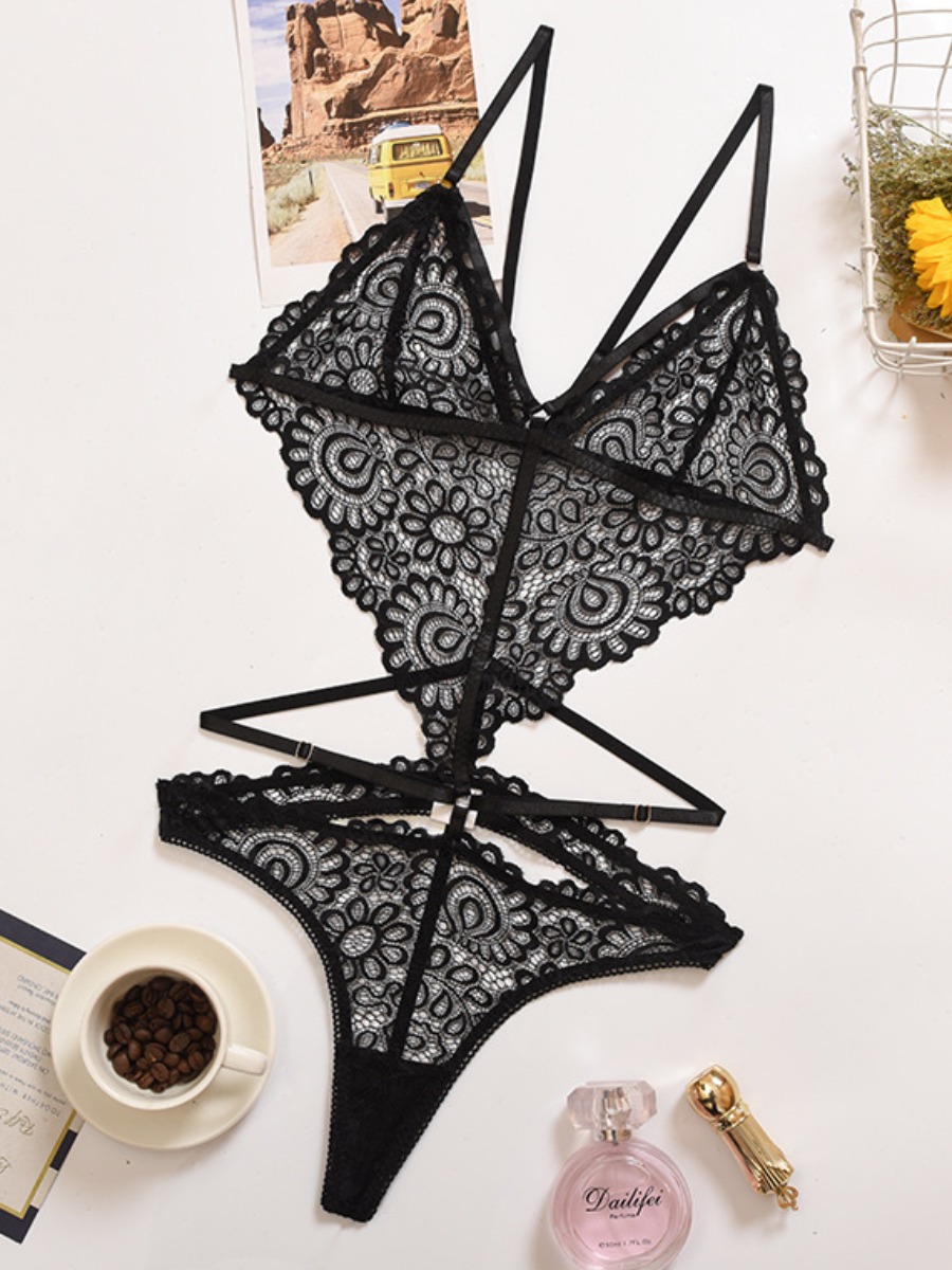 

Lovely Sexy See-through Bandage Design Black Plus Size Teddies