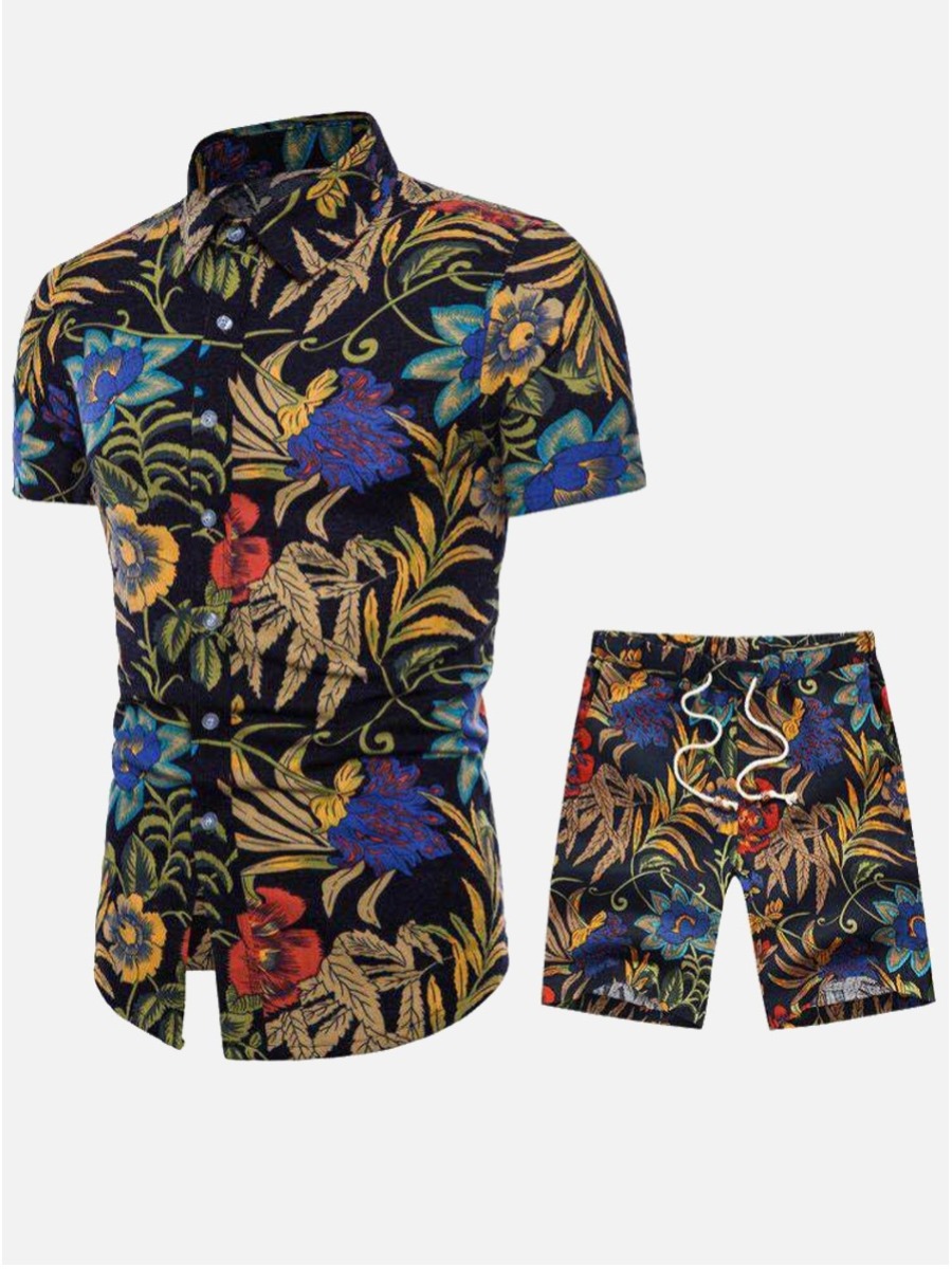 

Lovely Men Boho Floral Print Drawstring Black Two Piece Shorts Set