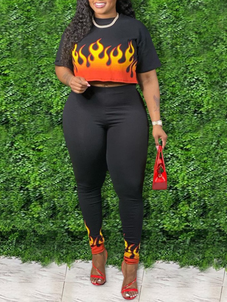

Lovely Plus Size Street O Neck Flame Print Black Two-piece Pants Set