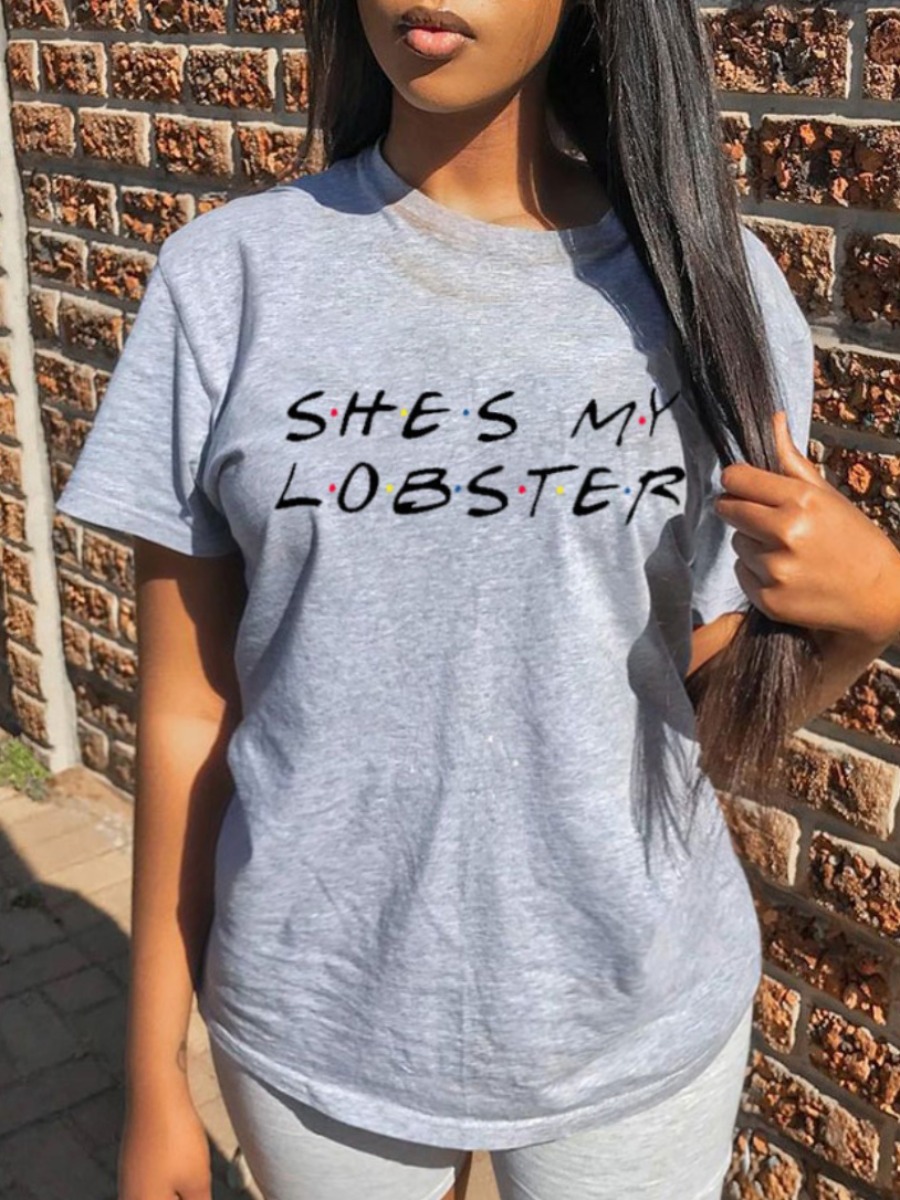 

Lovely Casual O Neck Letter Print Grey Plus Size T-shirt