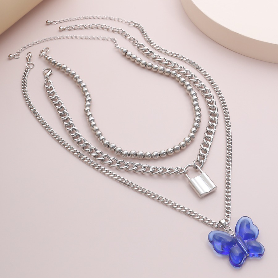 

Lovely Casual Butterfly Lock Silver Multilayer Necklace