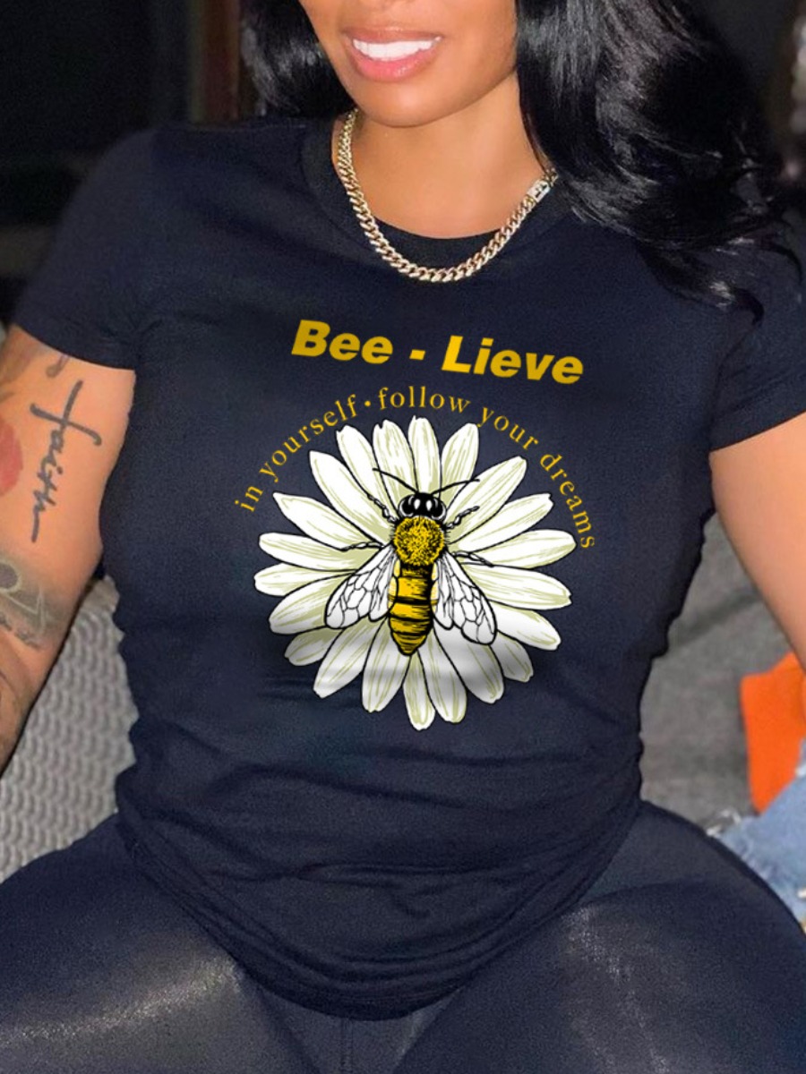 

Lovely Casual Bee Letter Print Black T-shirt