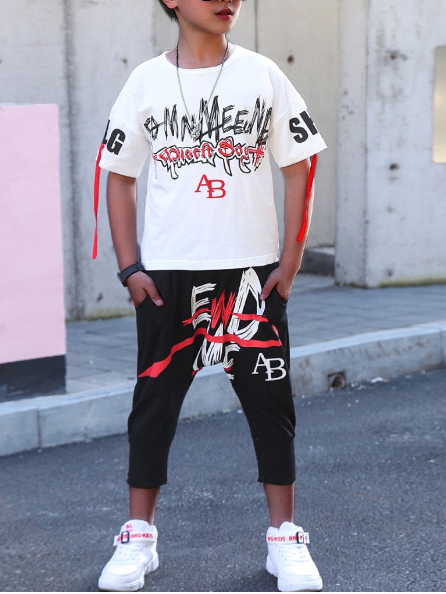 

Lovely Boy Street Star Letter Print White Two Piece Shorts Set