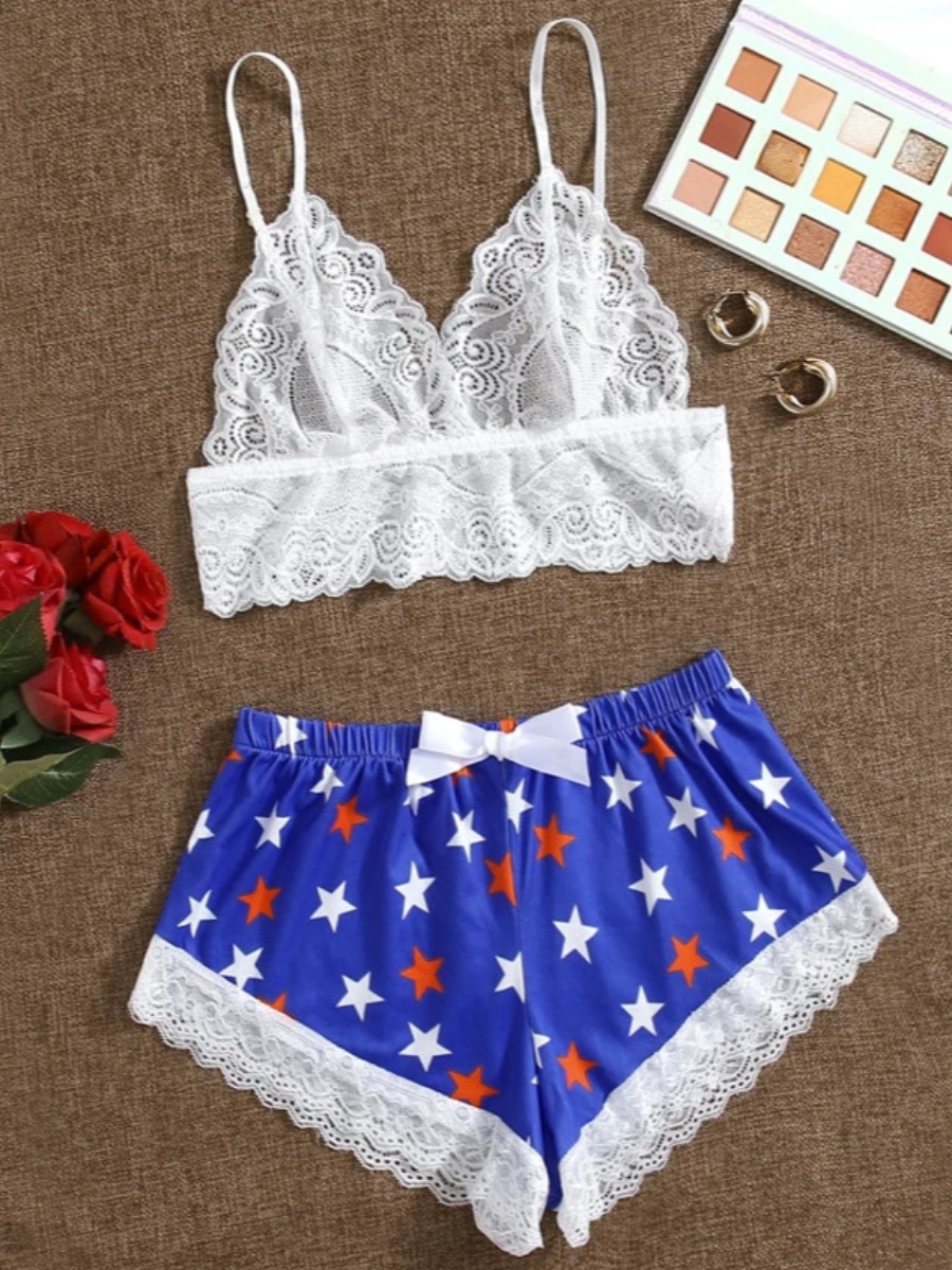 

Lovely Sweet Star Print See-through Blue Sleepwear