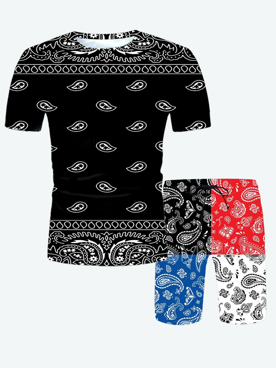 

Lovely Men Street Cashew Print Patchwork Black Two Piece Shorts Set