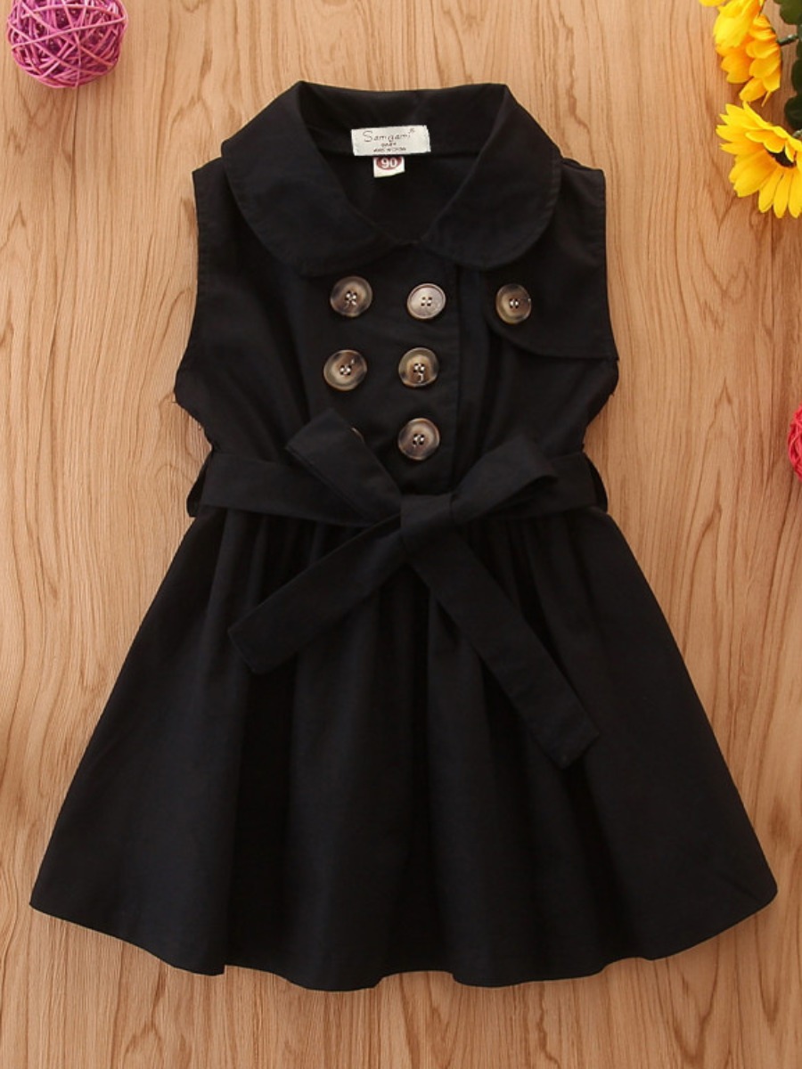 

Lovely Girl Casual Button Bandage Flounce Design Black Knee Length Dress