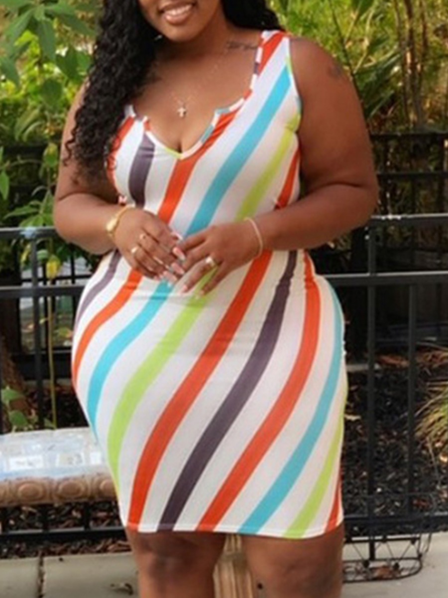 

Lovely Plus Size Casual V Neck Striped White Knee Length Dress