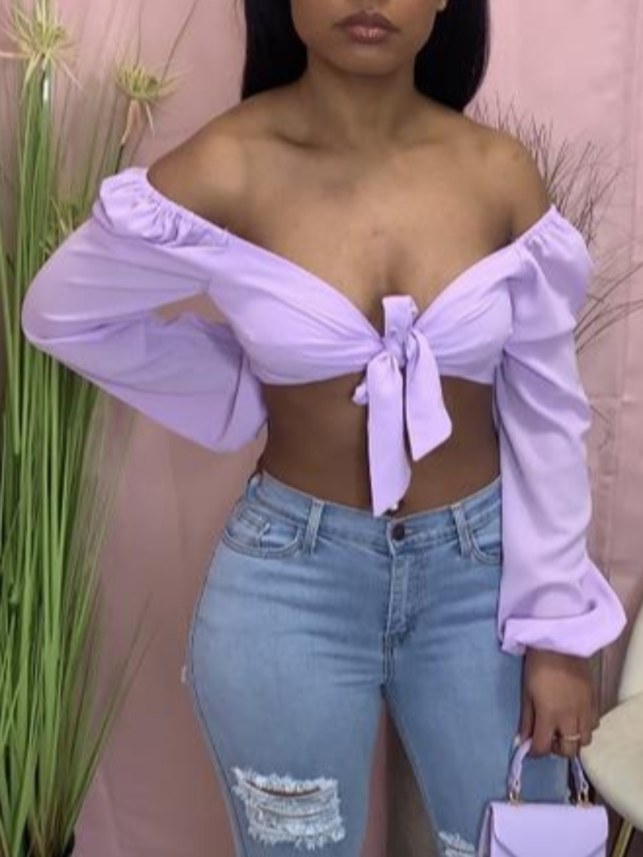 

Lovely Sexy Off The Shoulder Ruffle Bandage Design Purple Blouse