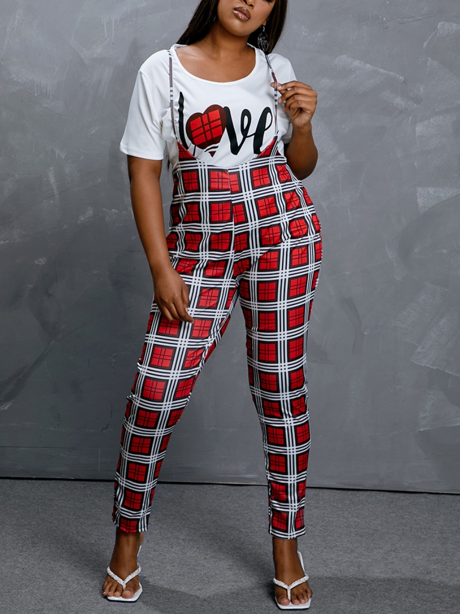 

Lovely Casual Plaid Letter Print Red Plus Size Two-piece Pant Set