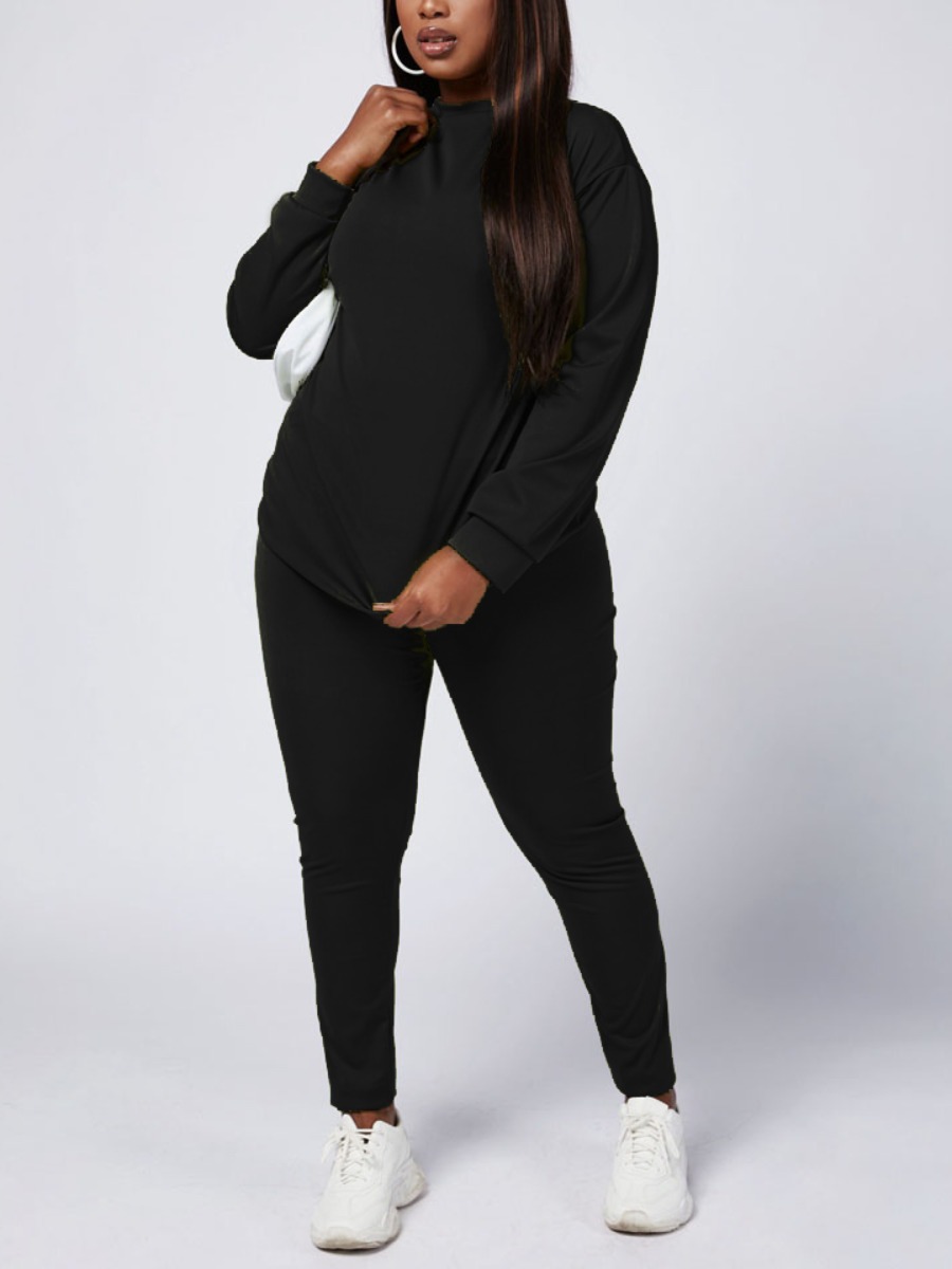 

Lovely Casual O Neck Elastic Black Plus Size Two-piece Pants Set