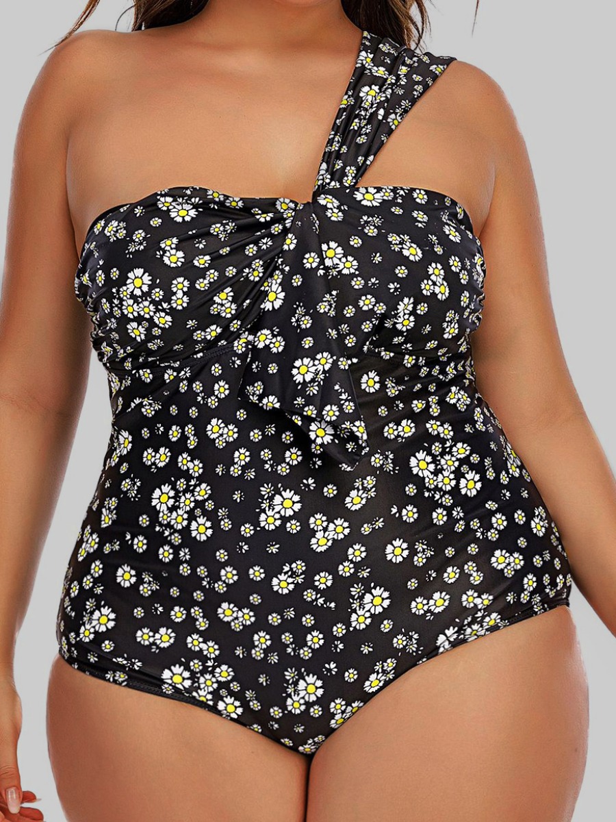 

Lovely Plus Size Boho One Shoulder Floral Print Black One-piece Swimsuit