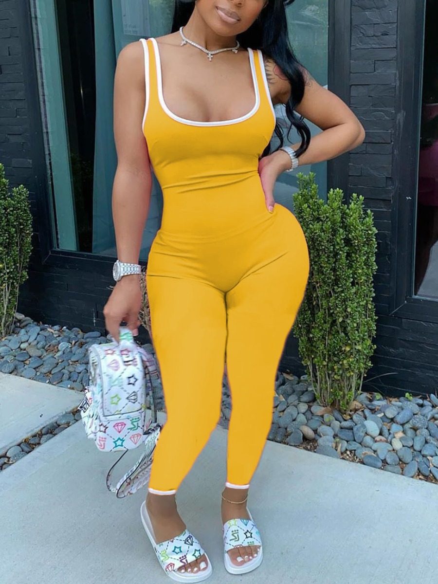 

LW Plus Size Sporty U Neck Patchwork Yellow One-piece Jumpsuit