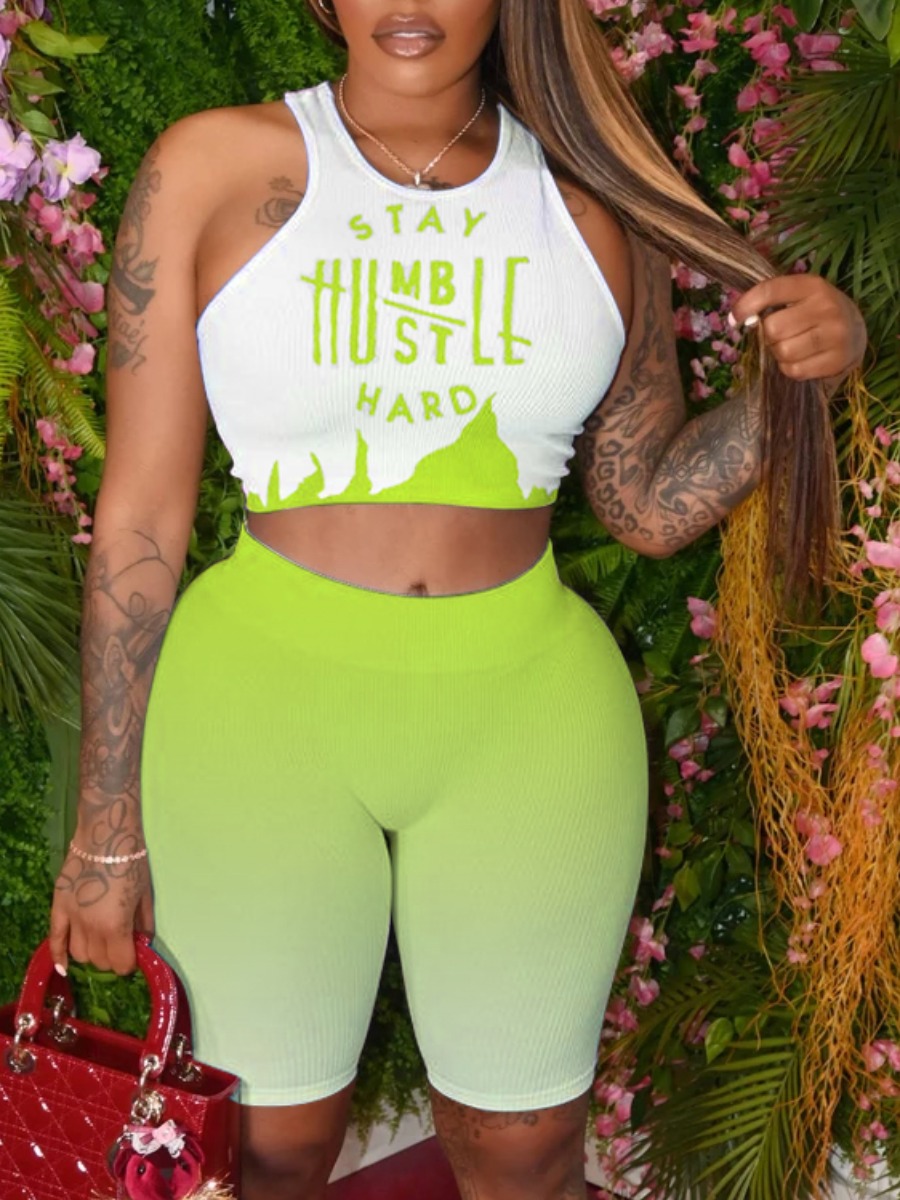 

Lovely Sporty Letter Print Gradient Green Plus Size Two-piece Shorts Set