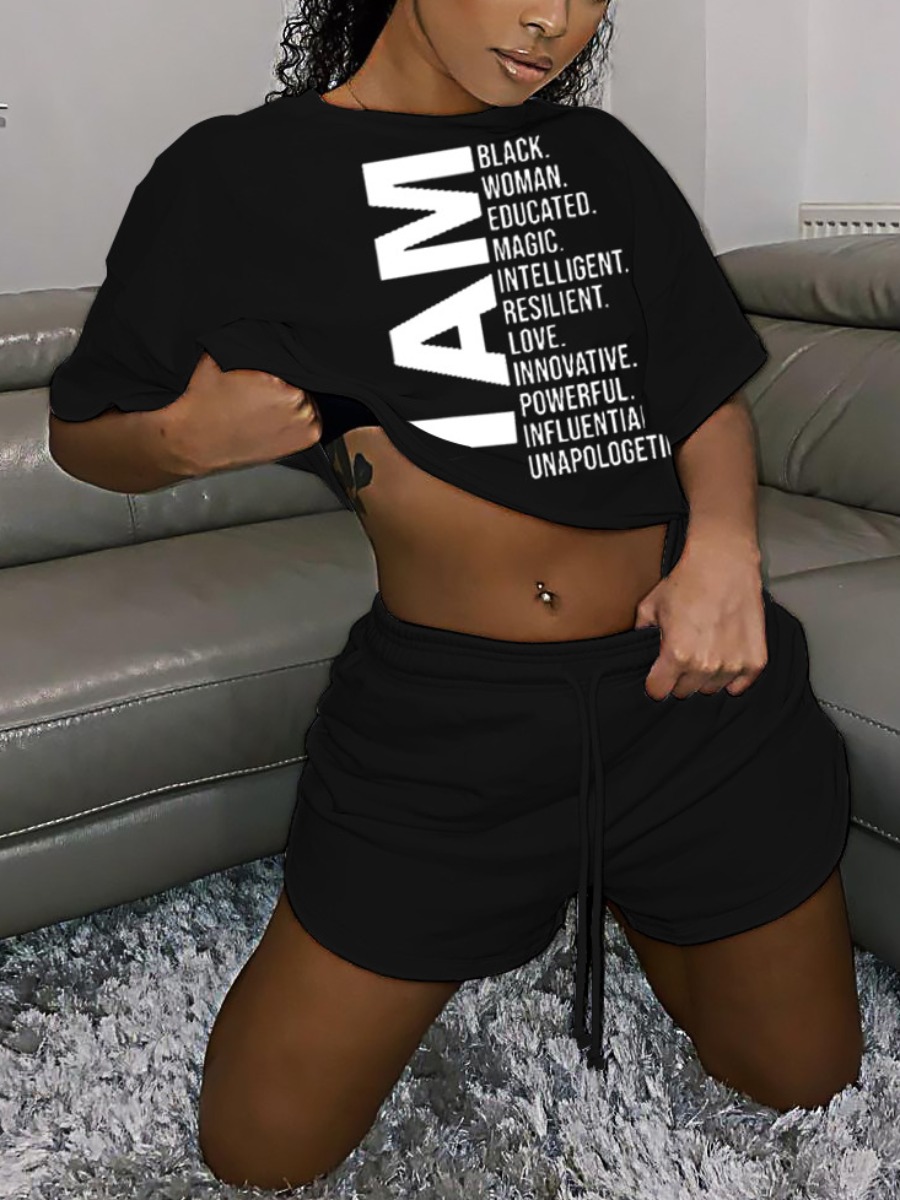 

Lovely Casual Letter Print Drawstring Black Two Piece Shorts Set