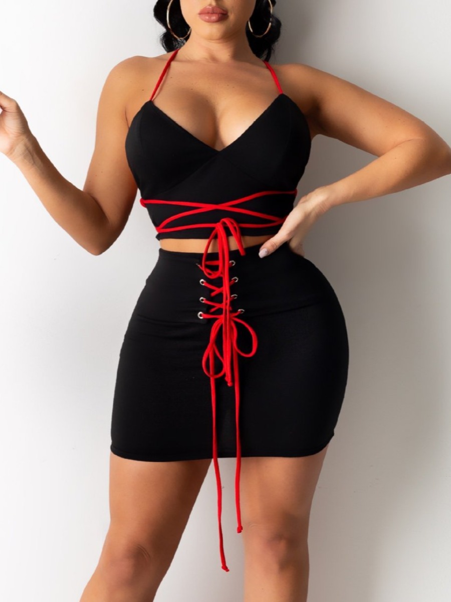 

Lovely Street Backless Bandage Design Black Two Piece Skirt Set