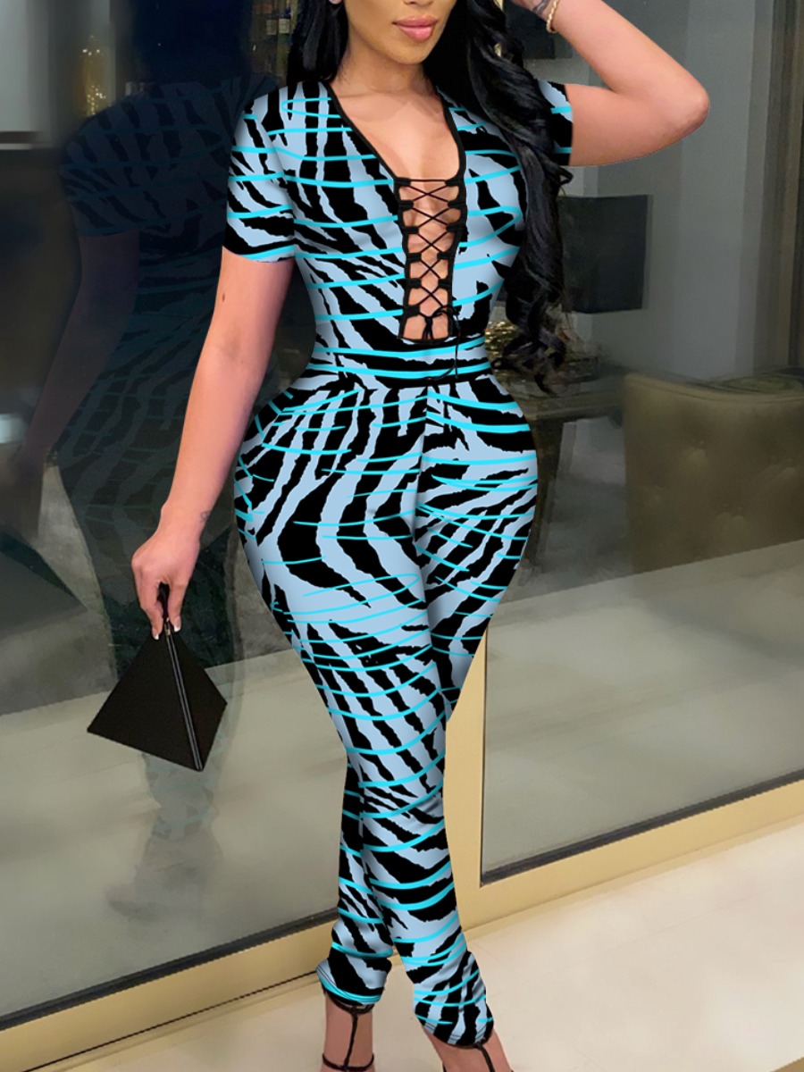 

Lovely Sexy Animal Print Bandage Hollow-out Design Blue One-piece Jumpsuit