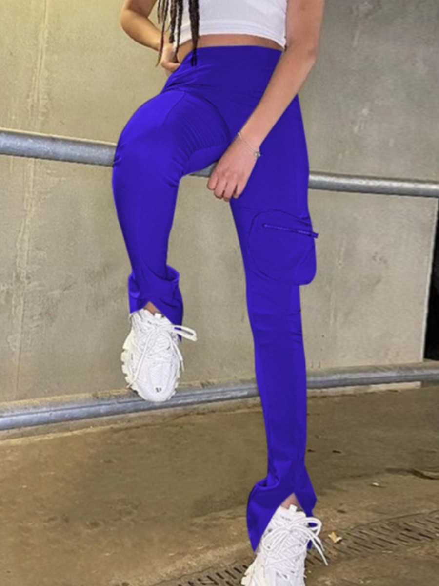 

Lovely Casual Zipper Design Split Blue Pants