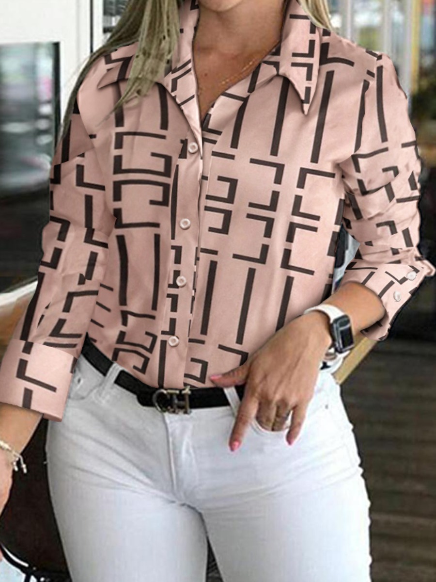 

Lovely Street Turndown Collar Geometric Print Pink Blouse