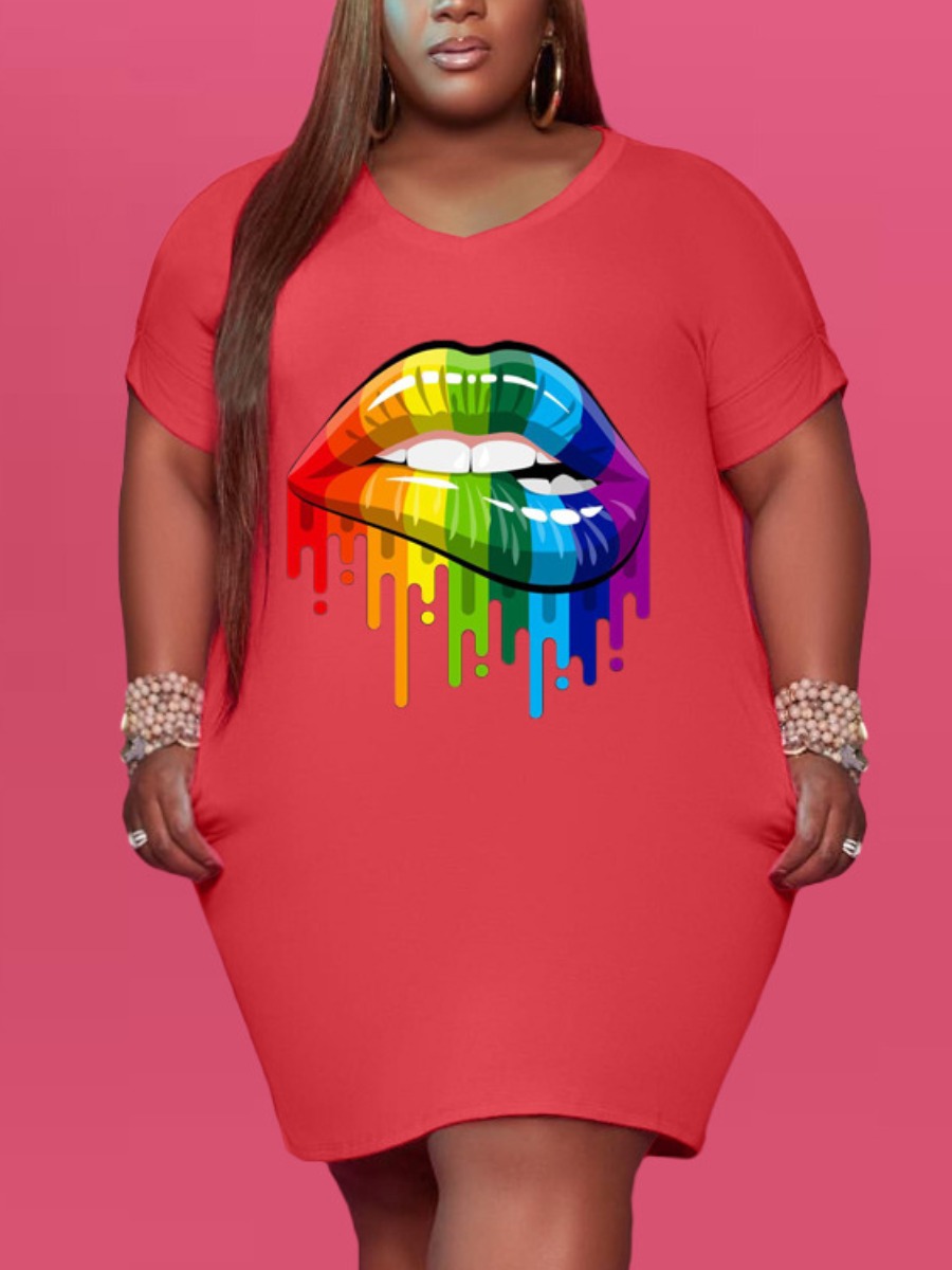 

Lovely Street V Neck Lip Print Red Mini Plus Size Dress