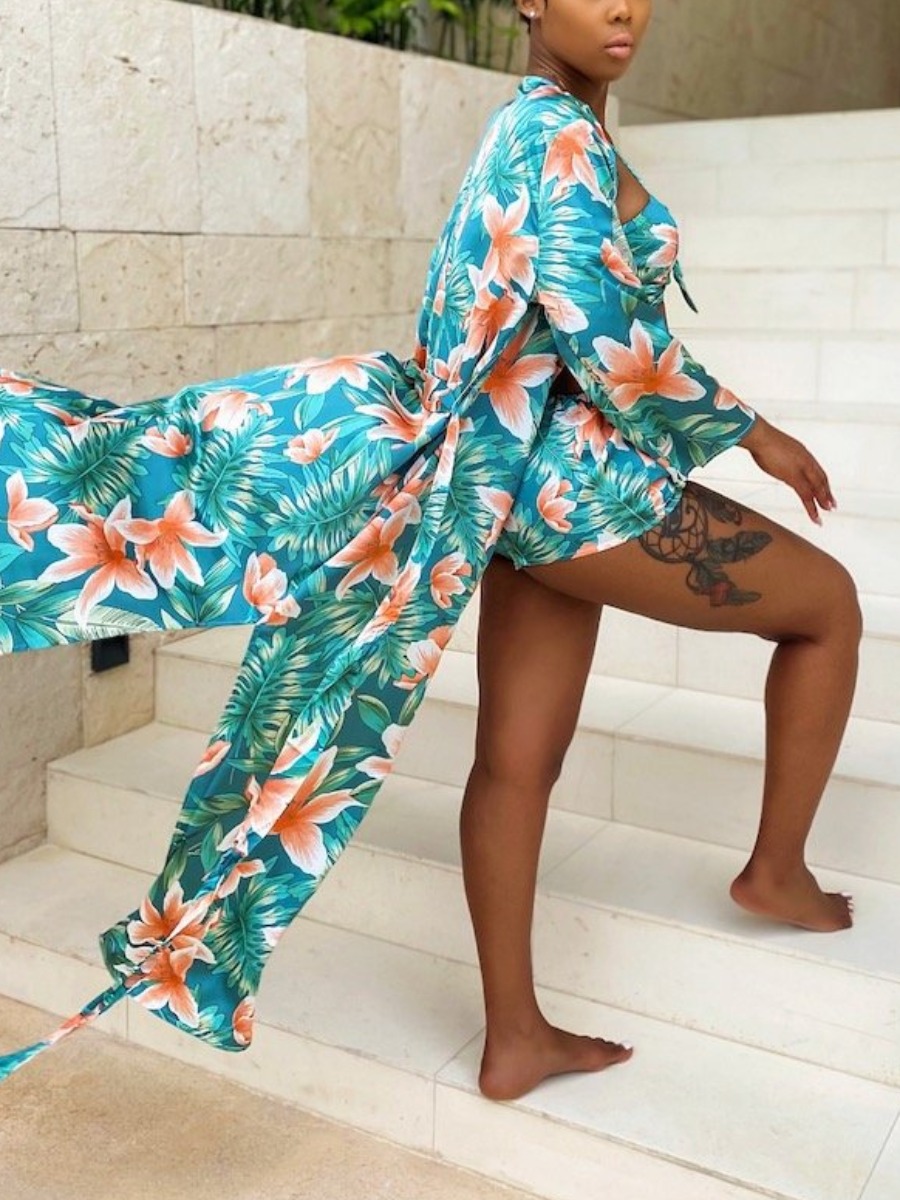 

Lovely Boho Floral Print Split Blue Three-piece Swimsuit