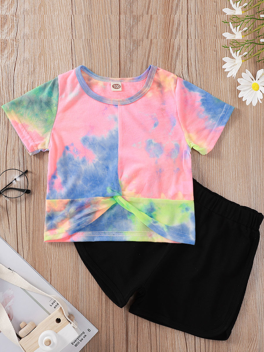 

Lovely Girl Casual O Neck Tie Dye Pink Two Piece Shorts Set