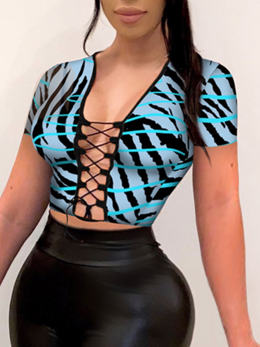 

Lovely Sexy Animal Print Bandage Hollow-out Design Blue T-shirt